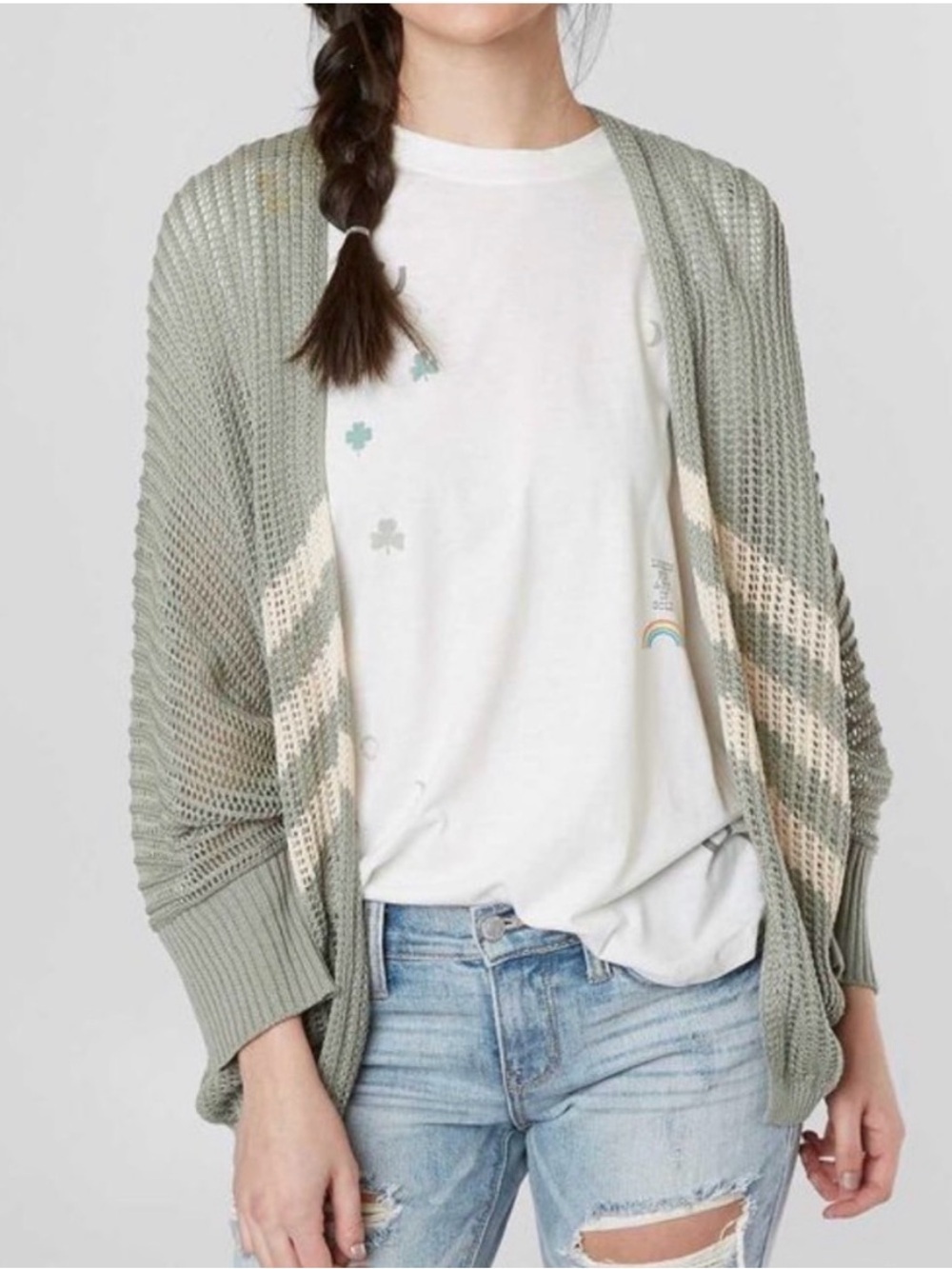 Daytrip Striped Open-Front Mesh Cardigan size medium open knit dolman slouchy